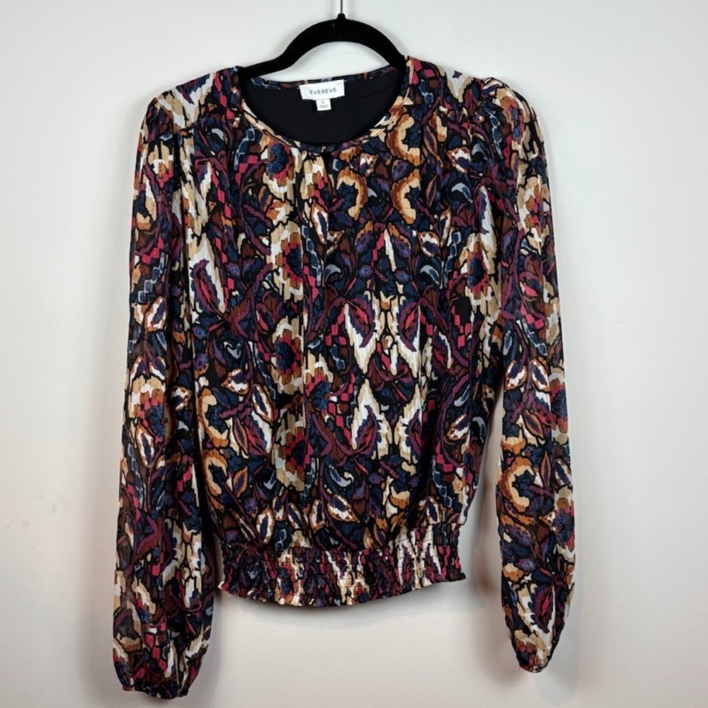 Evereve Stelle Abstract Blouse Womens SM Balloon‎ Sleeve Lined Workwear Classic